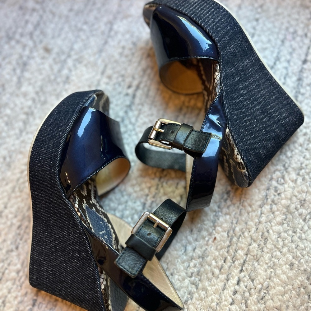 AGL Women’s Snakeskin Leather Patent Navy Denim Ankle Strap Wedges Shoes - Picture 8 of 15